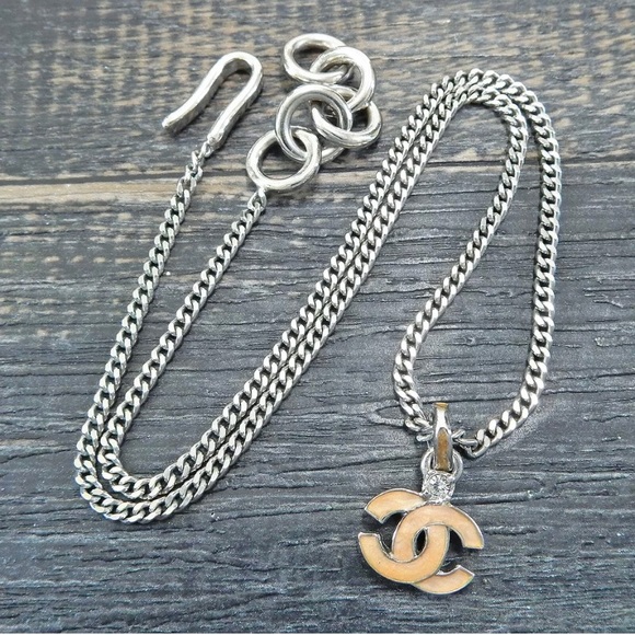 CHANEL Silver Plate CC Logo charm Pendant Necklace